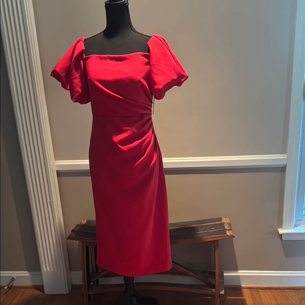 Shoshanna Red Midi Dress with Puff Sleeves